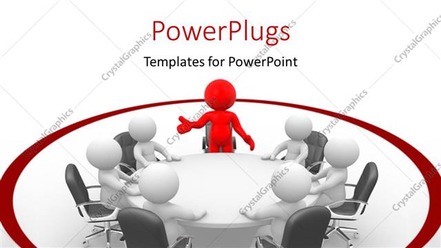  Presentation with round table - Lots of  white and red 3D characters sitting on a round table