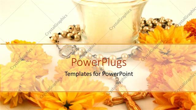  Presentation with rosary - Lots of yellow colored flowers with a rosary and a cup