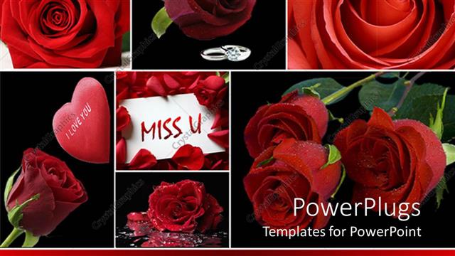 Presentation with hear - Love collage with red roses, silver hear padlock, I love you