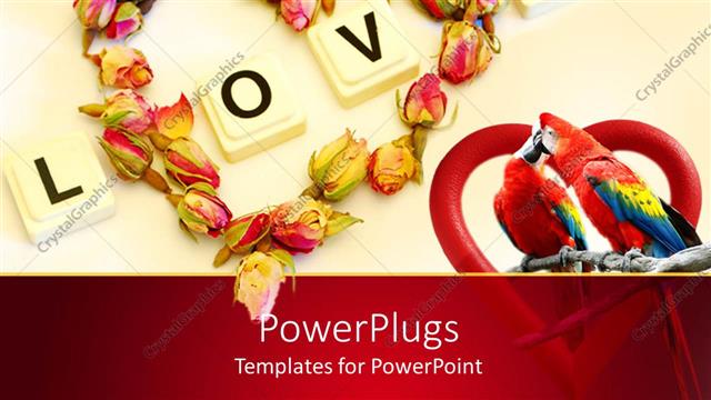  Presentation with parrots - Love theme with word love and heart made of rose buds, two kissing parrots inside red heart