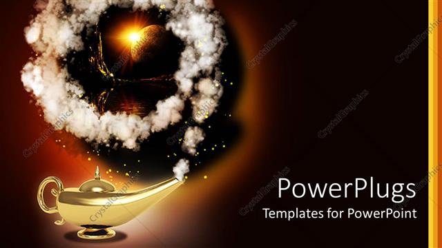  Presentation with smoke - Magic lamp with genius coming out of golden lamp earth behind smoke