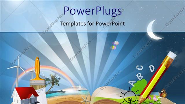  Presentation with magic book - Magical book with pencil, alphabets, a house model, paint brush, a wind mill, the moon and a butterfly with blue rays