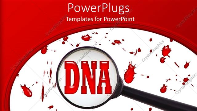  Presentation with blood dna - Magnifying glass on DNA word blood spots on white background framed by red background