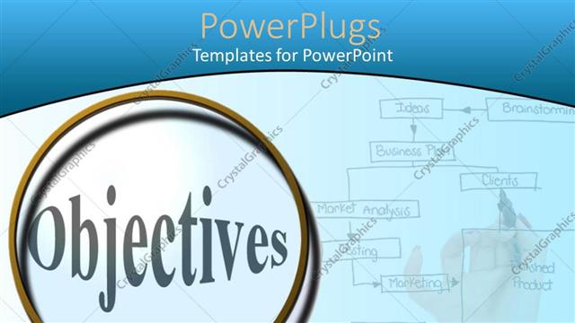  Presentation with flowchart - Magnifying glass focused on objectives, flowchart
