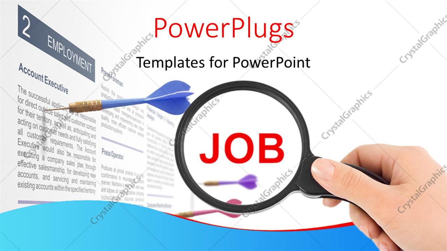 Featuring Hand Holds Magnifying Glass Over Job with Dart Stuck in Document