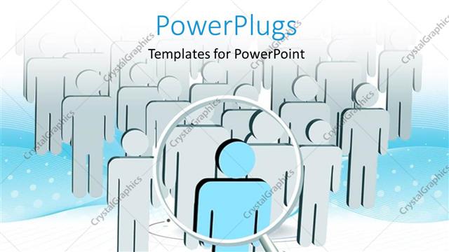  Presentation with search - Magnifying glass hovering over group of 3D men with?blue colored leader