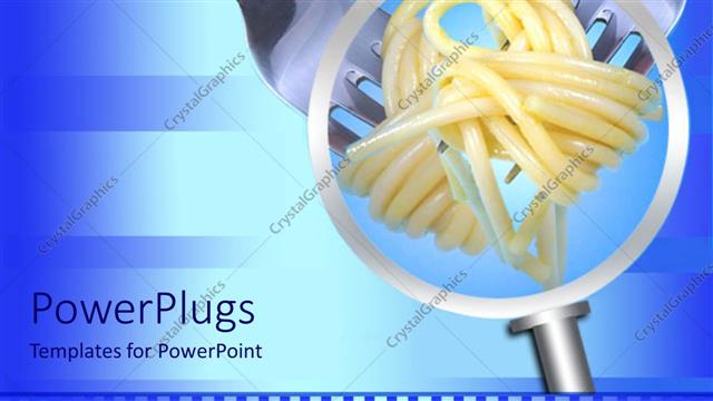  Presentation with blue food - Magnifying glass showing spaghetti rolled on two forks on a striped light and dark blue background