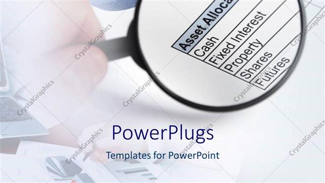  Presentation with lens - Magnifying lens highlighting document on asset allocation in white background