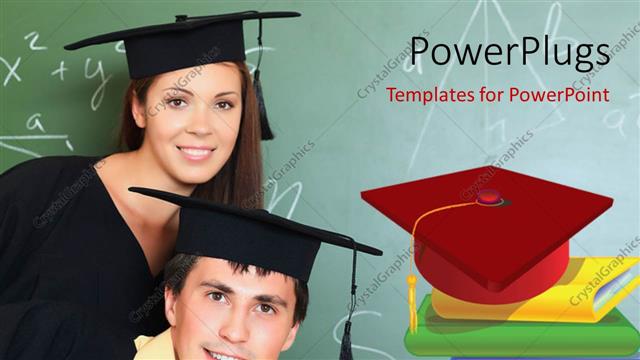  Presentation with educational - A male and female wearing graduation gowns in a school setting