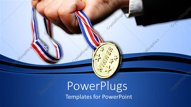  Presentation with medal - Male hand holding a medal with blue colored background