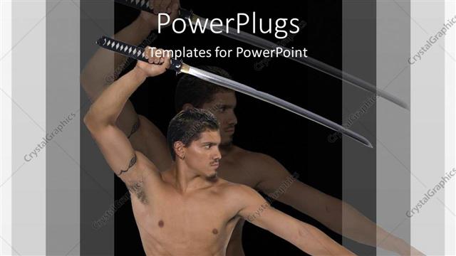  Presentation with warrior - Man with bare chest, red and yellow belt holding katana sword, martial arts, warrior