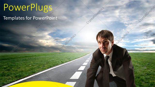  Presentation with competition - Man bends in race position on highway between green field