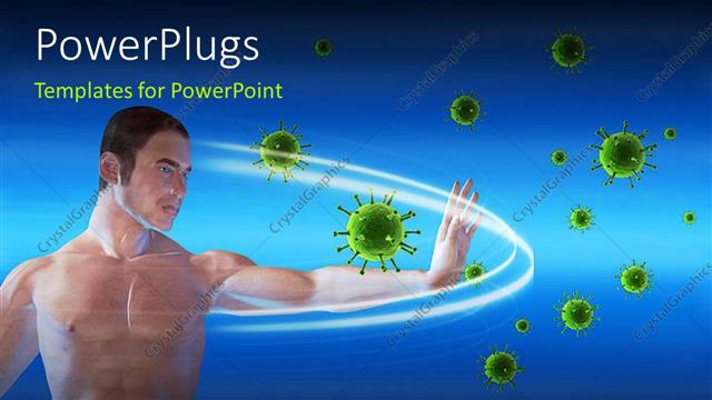  Presentation with defense - A man blocking viruses over a blue background