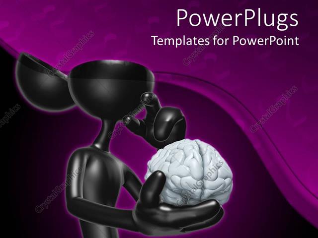  Presentation with brain - Man has brain in hands and hand on chin with purple background