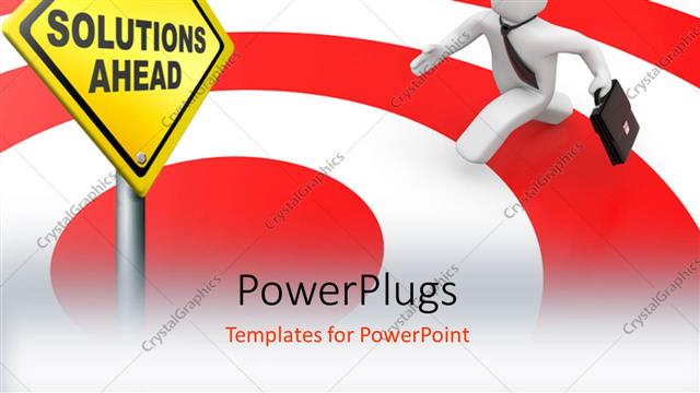  Presentation with target - Man with briefcase running on red target towards solutions ahead signpost?