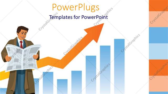  Presentation with newspaper - Man in brown trench coat and blue suit reading newspaper in front of business chart