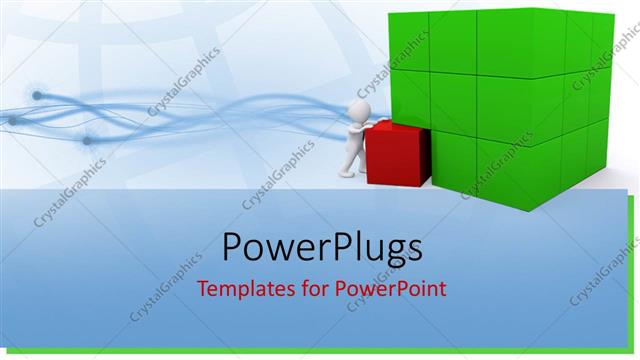  Presentation with cube - A 3D character arranging  a big green cube on a white background