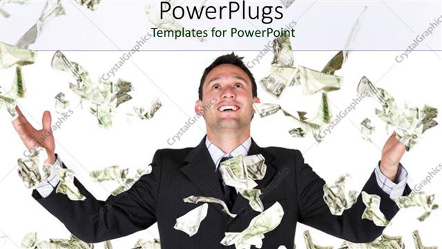  Presentation with bills - Man celebrating in sea of money with bills falling on him, success, wealth