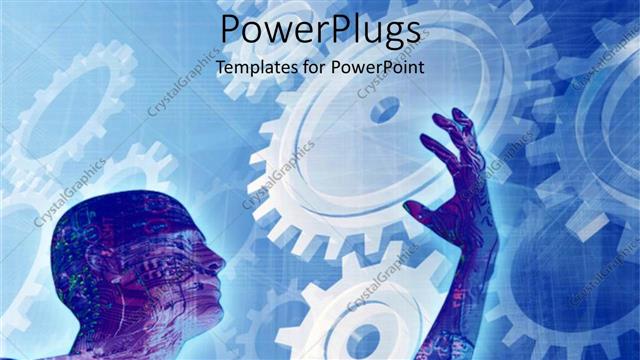  Presentation with circuit - Man with circuit board as skin with gears in background