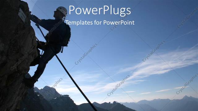  Presentation with mountain climbing rope - Man climbing mountain with back pack and waist rope