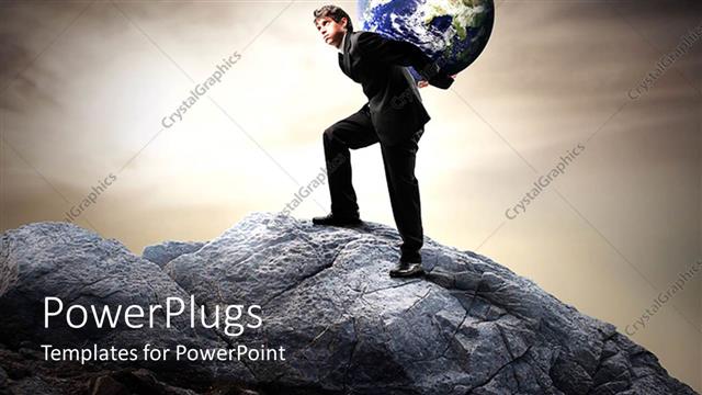  Presentation with rock climbing - Man climbing to top of rock with earth globe on his back