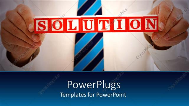  Presentation with solution - Man in corporate attire holds up solution sign