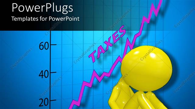  Presentation with taxes - Man dejected with graph showing increased taxes on blue background