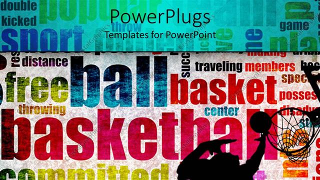  Presentation with basketball - Man dunking basketball into hoop in background with colorful basketball words