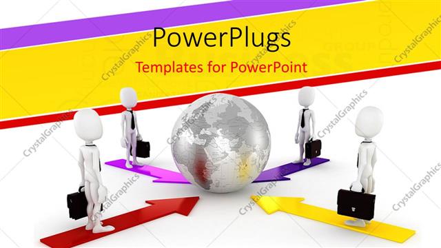  Presentation with network - Global business network depiction with four 3D businessmen around globe