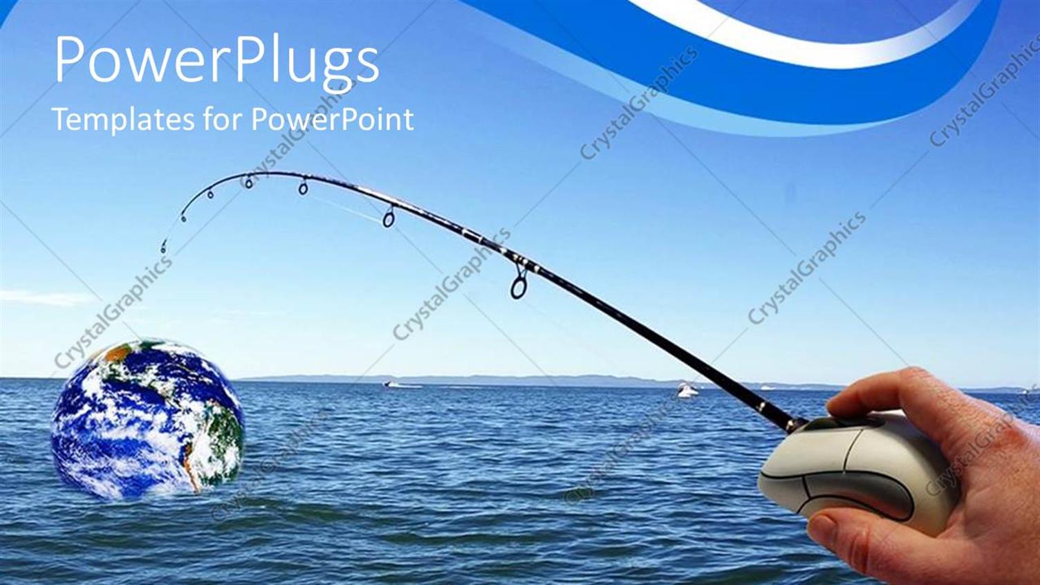 Featuring Man Hand Holding Computer Mouse with Attached Fishing Pole Capturing Planet Earth from the Ocean Water