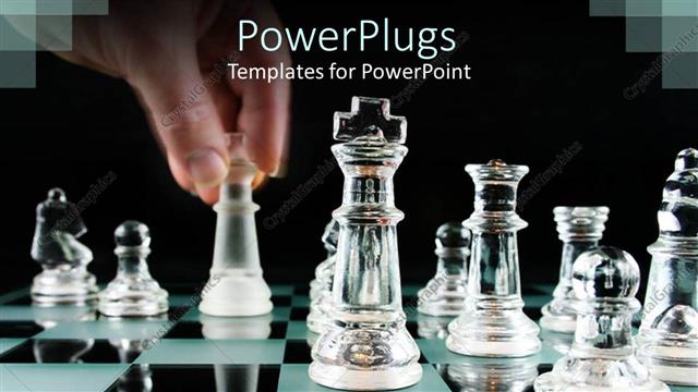  Presentation with last - Man hand moving chess piece on reflective chess table with glassy chess pieces