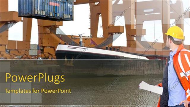  Presentation with industrial - Man with hardhat and papers watching over the unloading of containers at an industrial harbor