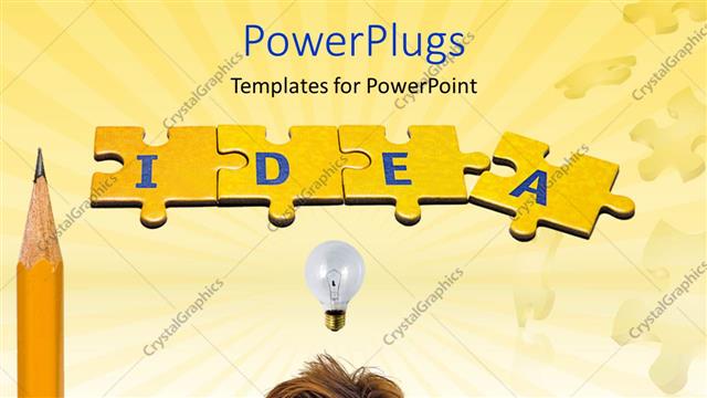  Presentation with jigsaw - Man head with light bulb above his head and word idea on yellow jigsaw puzzle and pencil