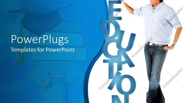  Presentation with graduation - Man holding education word and graduation cap on top of books on white and blue background