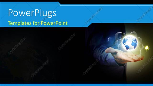  Presentation with black hand - Man holds glowing earth globe in hand over black background