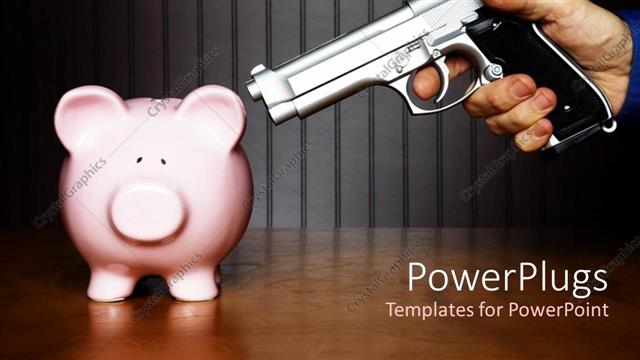  Presentation with gun - Man holding hand gun pointed at piggy bank on brown surfece