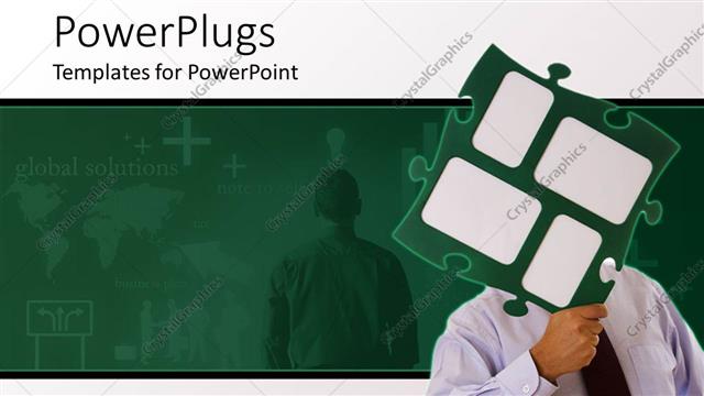  Presentation with puzzle green - A man holding up a green puzzle piece over his face