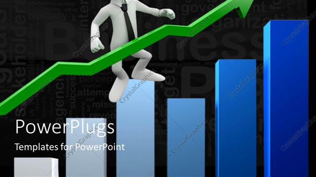  Presentation with blue green - Man jumping off blue bar chart with upward green arrow