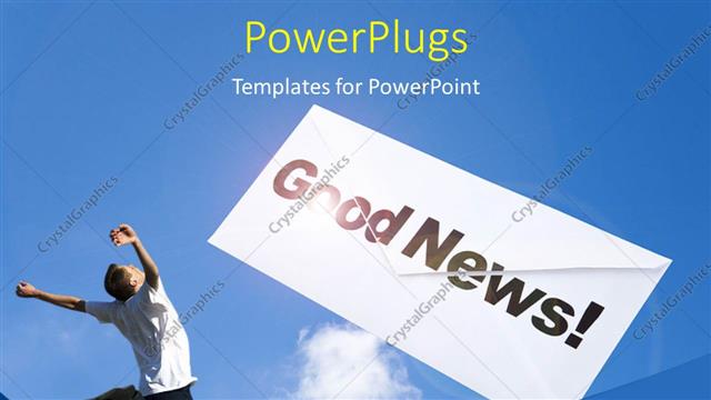  Presentation with joy - Man jumps for joy at good news over blue cloudy sky?