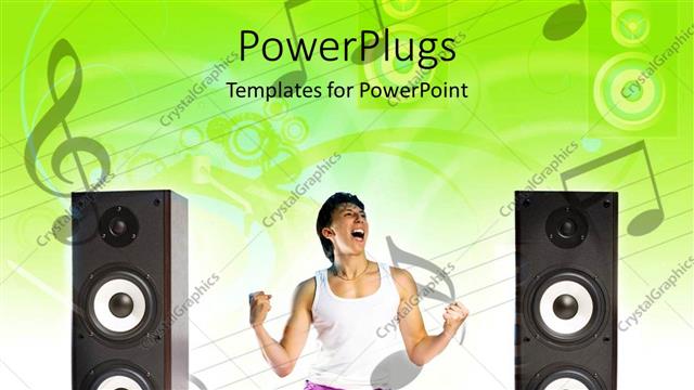  Presentation with kneeling - A man kneeling happily and shouting with a music theme