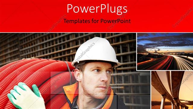  Presentation with construction red - A man lifting a roll of big red pipes carrying out road constructions