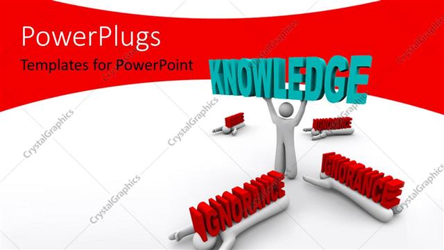  Presentation with knowledge - 3D man lifts up word KNOWLEDGE with burden of IGNORANCE on colleagues