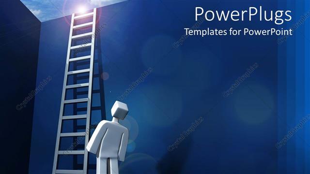  Presentation with wall - Man look up at ladder standing beside wall leading out of box