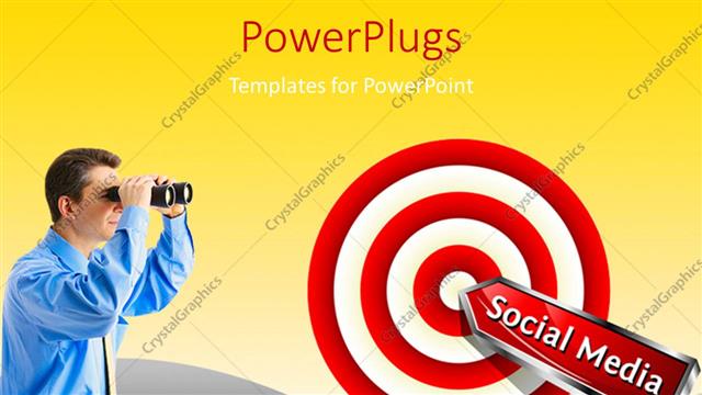  Presentation with stuck - Man looking through binoculars at social media dart stuck on bulls eye