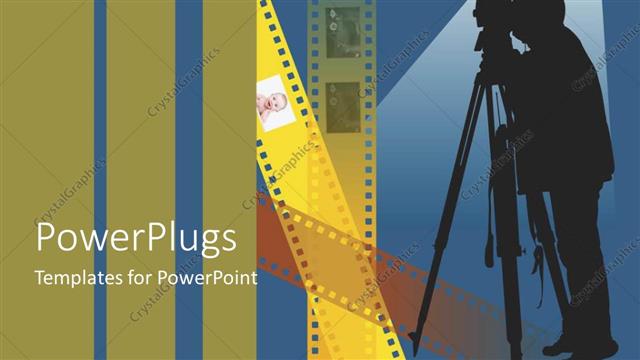  Presentation with film strips - A man looking through a standing camera and film strips