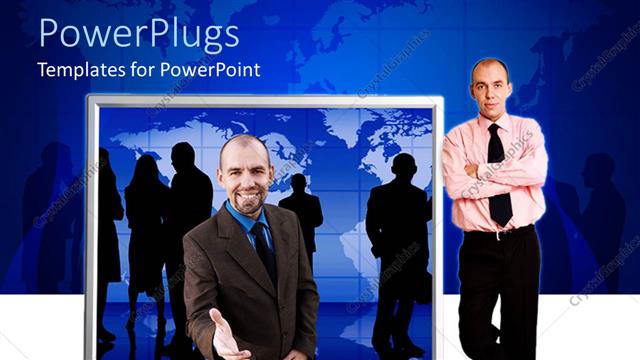  Presentation with global - Man in monitor screen gestures for handshake while another leans on monitor