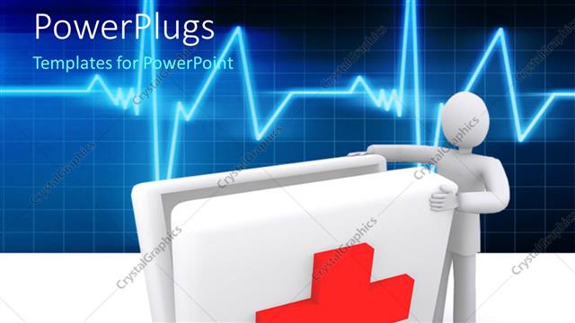  Presentation with symbol - Man opening first aid box with medical symbol on it and ECG wave in background