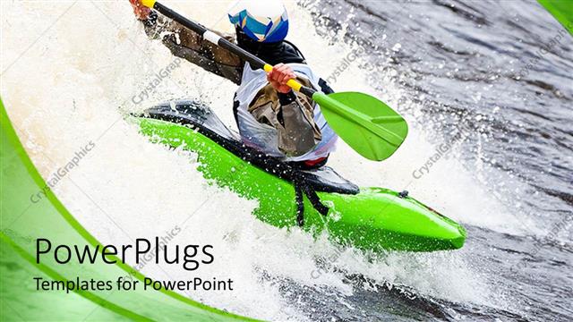  Presentation with rafting - Man paddling kayak on white water, green swirl background