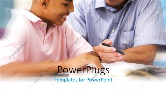  Presentation with mentoring - Man with pen in hand?teaching younger student