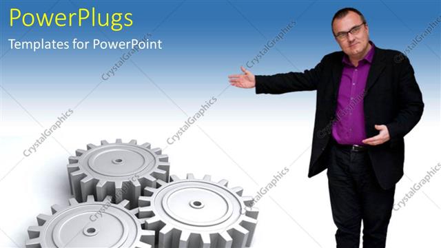  Presentation with gears - Man pointing at three connected gears on white background
